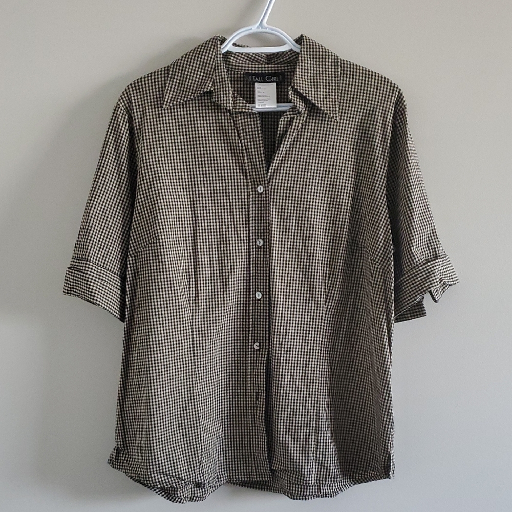 Vintage Tall Girl Black and Cream Checkered Gingham Short Sleeve Shirt Sz 18T